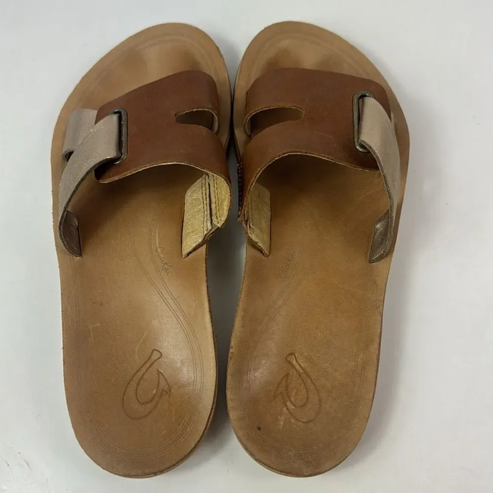 OLUKAI Nonohe Olu Golden Brown Leather Slide Women’s Sandals